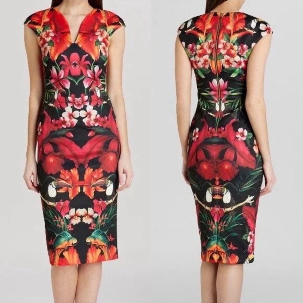 TED BAKER - Bismii Toucan Print Multicolor Tropical Bodycon Dress